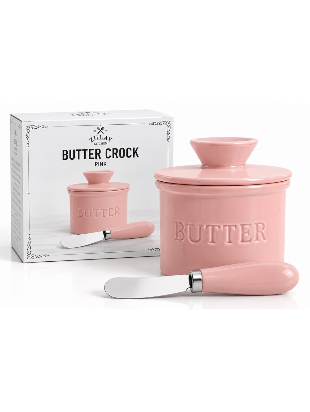 🩷 Zulay Kitchen Butter Crock Pink Ceramic Butter Keeper w/ Spreader Knife